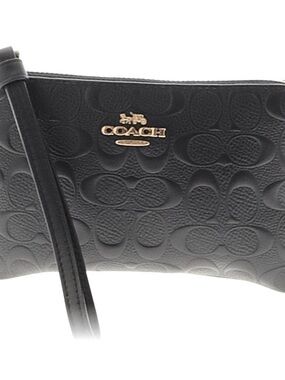 Coach Black Embossed Logo Leather Wristlet with Gold Accent